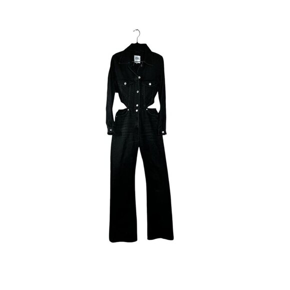 Zara XS Black Denim Jumpsuit Waist Cutouts Long Sleeve Classic Womens Jean - Picture 5 of 14